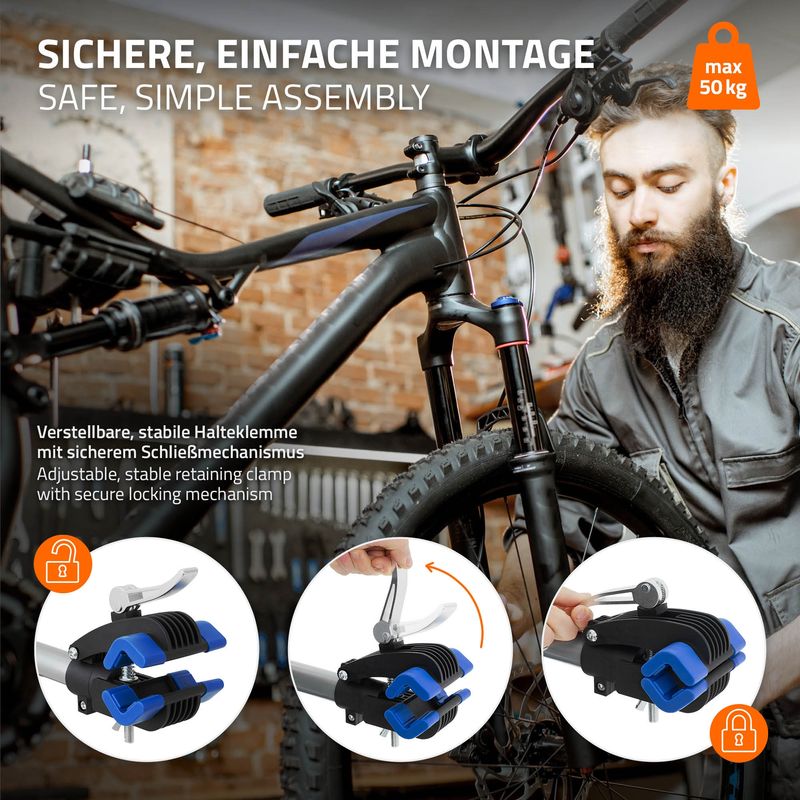 ECD Germany Support Atelier Vélo – Acier, 360° Pivotant, Hauteur 105-185 Cm, Charge 50 Kg, Plateau Magnétique