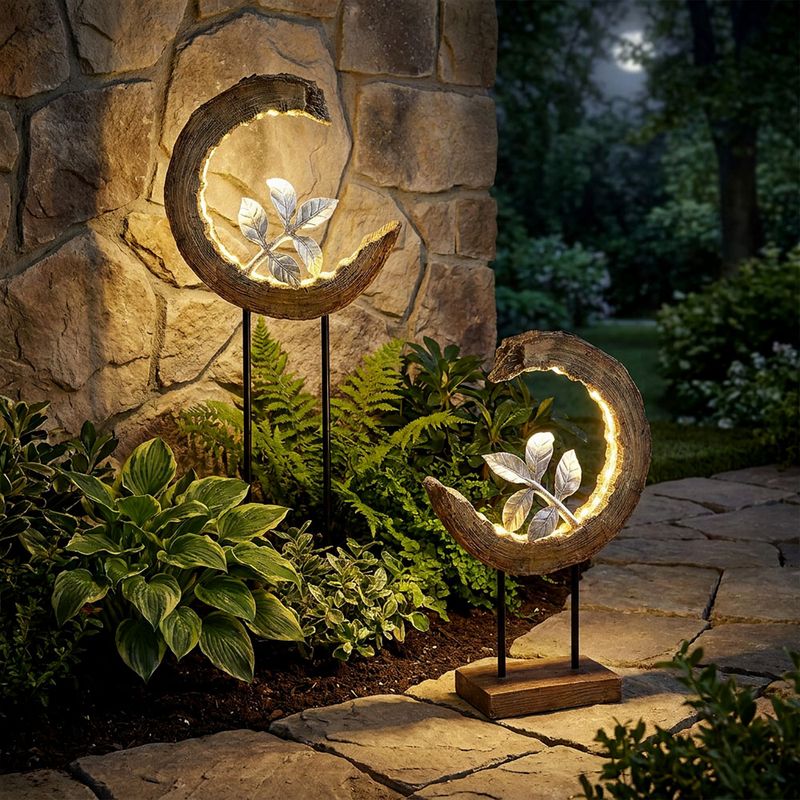 Solarleuchte Garten Holzoptik Gartendeko Solar Solarlampe Mond für Außen, Zweig silber, LED 3000K warmweiß, LxH 24x52 cm