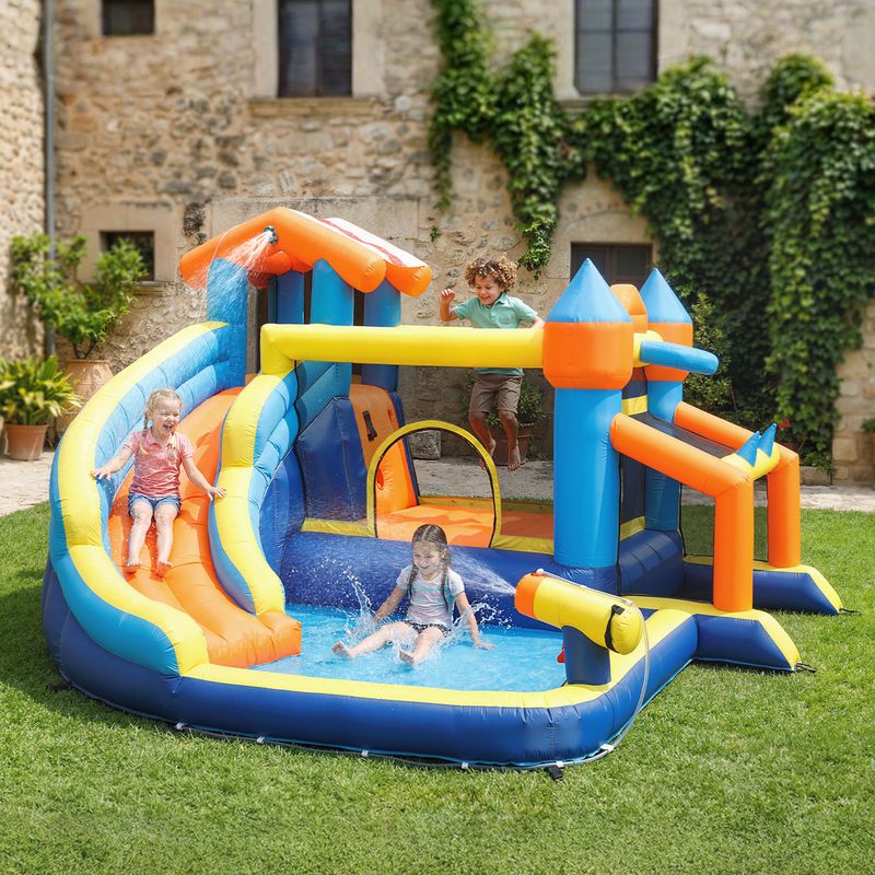 AIYAPLAY Château Gonflable 4 En 1 – Avec Souffleur 370W – Toboggan, Piscine à Balles, Lancer D’Anneaux – Protection Solaire – Pour 3 Enfants (3-8 Ans)