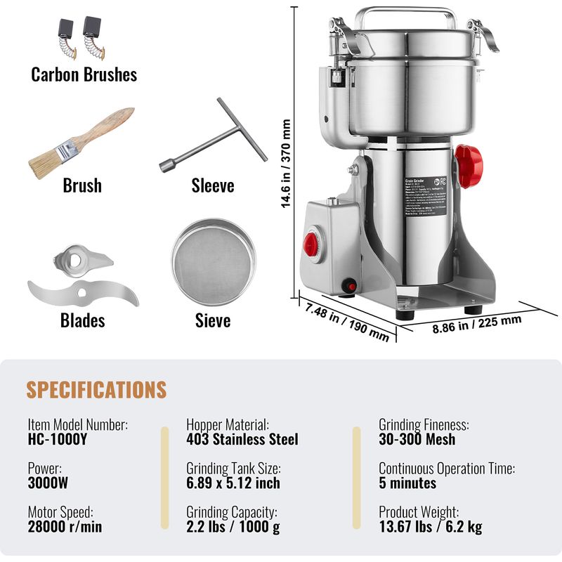 Mophorn 1000g elektrische Getreidemühle Mühle, 3000W High Speed, Edelstahl, für trockene Körner, Gewürze, Getreide, Kaffee, Mais, Pfeffer, Swing Type