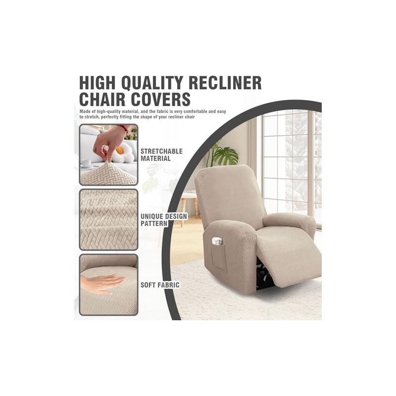 1-Sitzer Sessel Überzug, Sesselbezuge Stretch mit Taschen, All-Inclusive Streifen-Jacquard Sesselschoner für Fernsehsessel Relaxsessel Sesselhusse (Taupe, 4-Teilig)