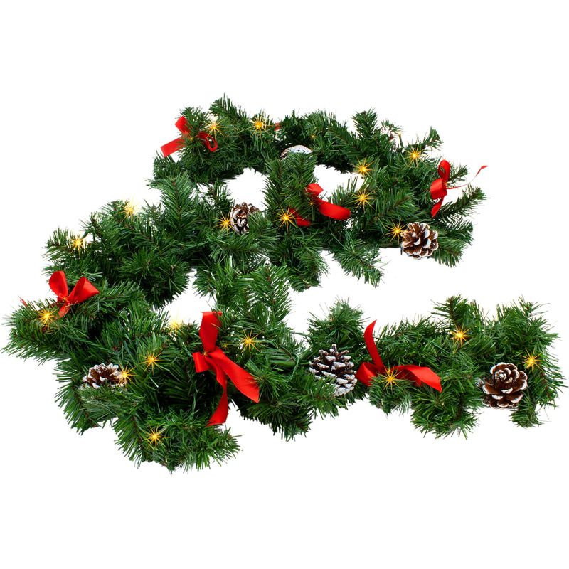 LED Tannengirlande grün mit Zapfen und Schleifen warm weiß beleuchtet - 274 cm mit 50 LED - Weihnachtsgirlande Batterie betrieben mit Timer