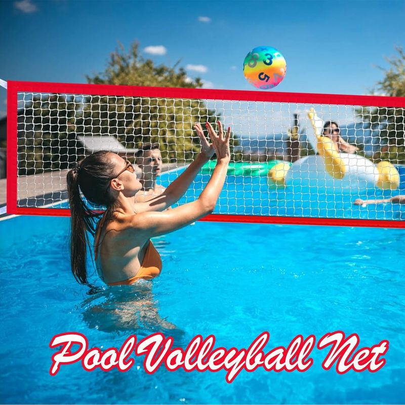 Ensemble de Filet de Volleyball de Piscine Portable, Filet en Nylon Imperméable avec Réglage de Tension, 457x91 cm pour Plage Ou Piscine, Rouge