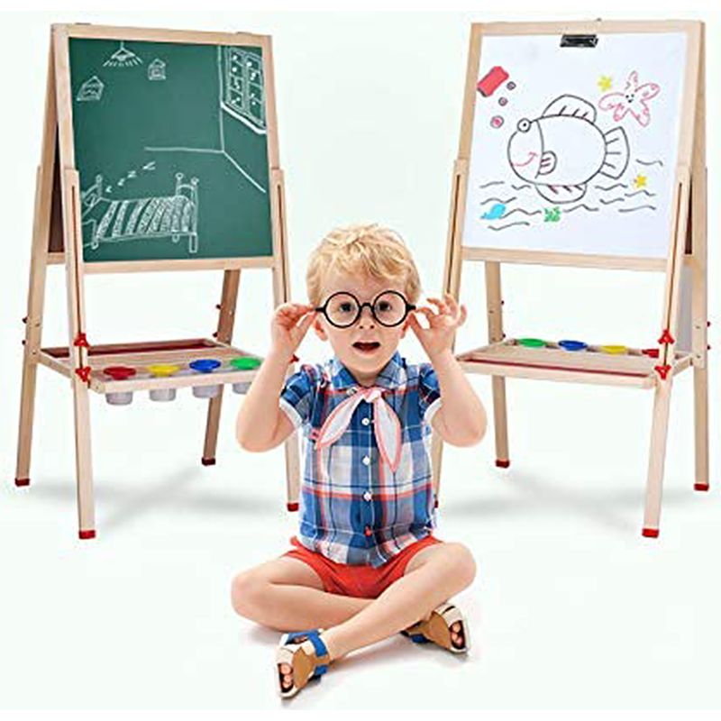 Tableau Double Face Enfant,à partir de 3 ans,Ajustable en Hauteur,Haloyo®,57 x 55 x 148cm,Couleur du bois