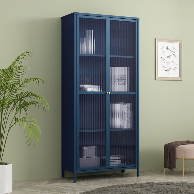 Vitrinenschrank Säkylä Stahl 180x80x35 cm Navyblau [en.casa]