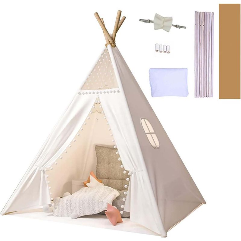 Tente Tipi Enfants Coton – 130x130x160 Cm – Avec 3 Coussins, Guirlande LED, Tapis 2,5 Cm – Dès 3 Ans – Intérieur