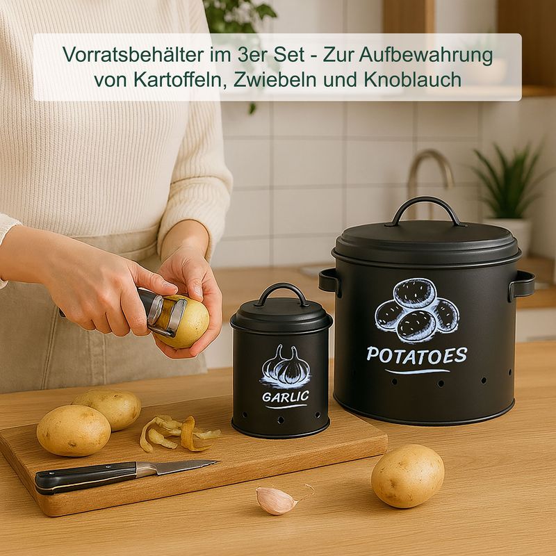 Relaxdays Kartoffel Aufbewahrungsbox, Zwiebeln, Knoblauch, 3er Set, mit Deckel & Löchern, Metall, Zwiebeltopf, schwarz