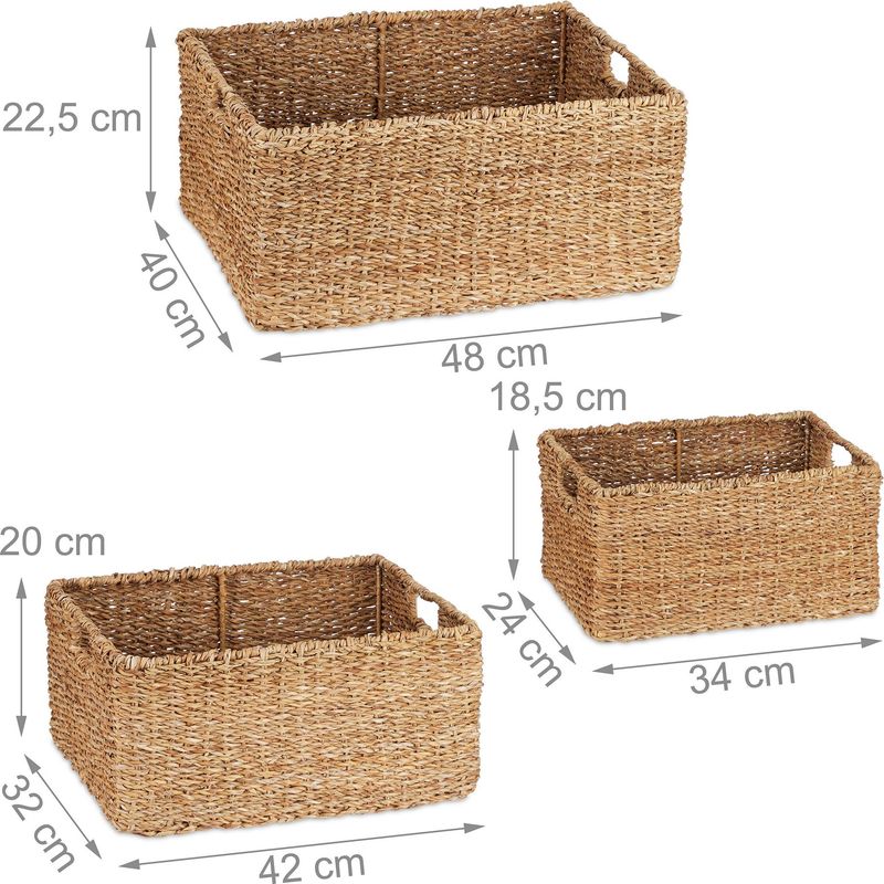 Relaxdays Storage Box, Seagrass, Set of 3, Baskets in 3 Sizes