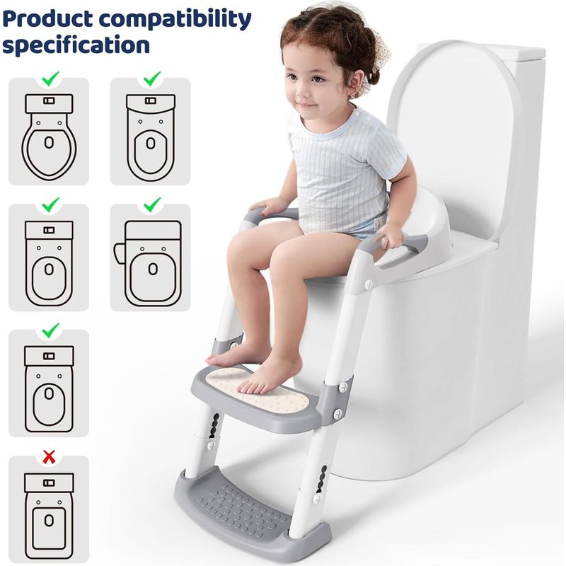 Toilettenverkleinerer, Baby-Töpfchen-Toilette, Kinder-Toilettensitzerhöhung, rutschfeste Unterlage mit Griffen, höhenverstellbar, klappbarer Hocker, Grau