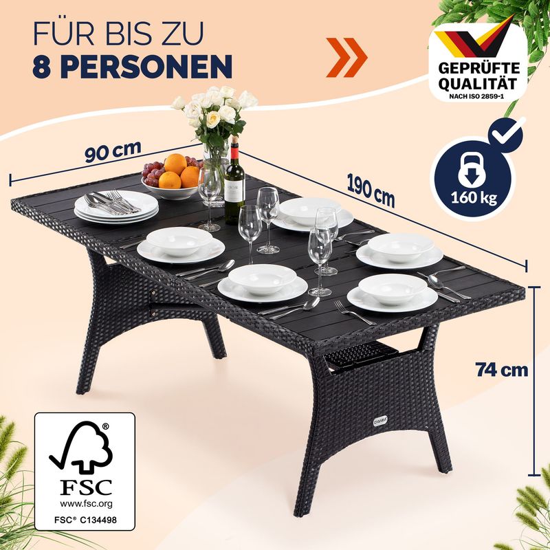 CASARIA® Polyrattan Gartentisch 190x90x75cm mit Ablage WPC-Tischplatte Höhenverstellbar Holzoptik Wetterfest Garten Terrasse Esstisch Gartenmöbel schwarz