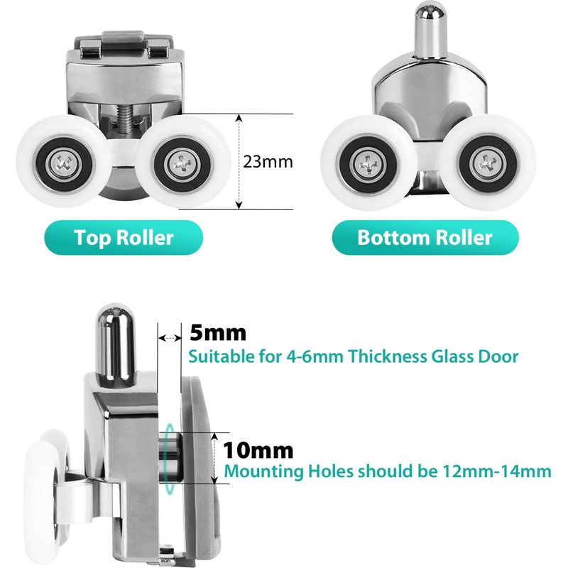 Replacement RV Shower Door Rollers – 4-Pack Bottom Sliding Glass Wheel Pulleys, Fits 5-6mm Glass, Stainless Steel/Nylon – Smooth & Quiet