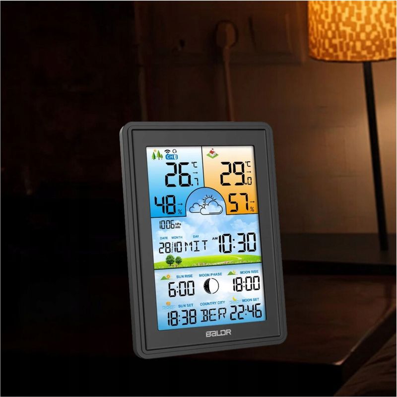 Station Météo BALDR Avec Radio, 3 Capteurs Extérieurs – Température, Hygromètre, Horloge, Noir