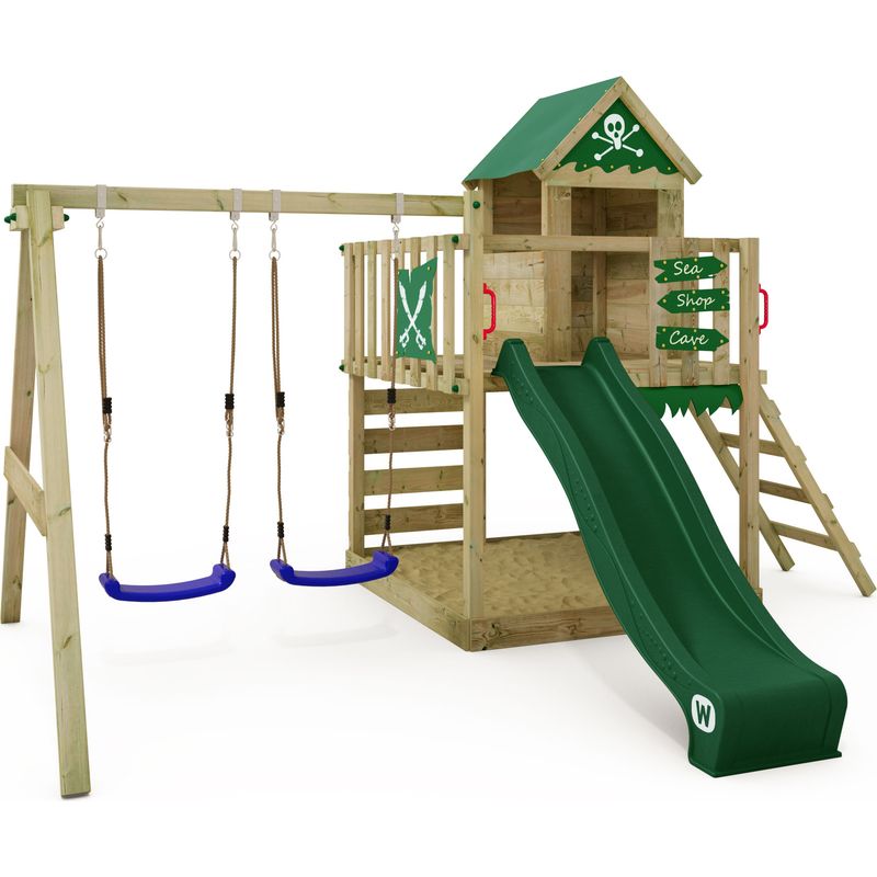 FATMOOSE Aire De Jeux Portique Bois TikaTaka Avec Toboggan Vert Cabane Enfant Exterieure Avec Bac A Sable 96372944
