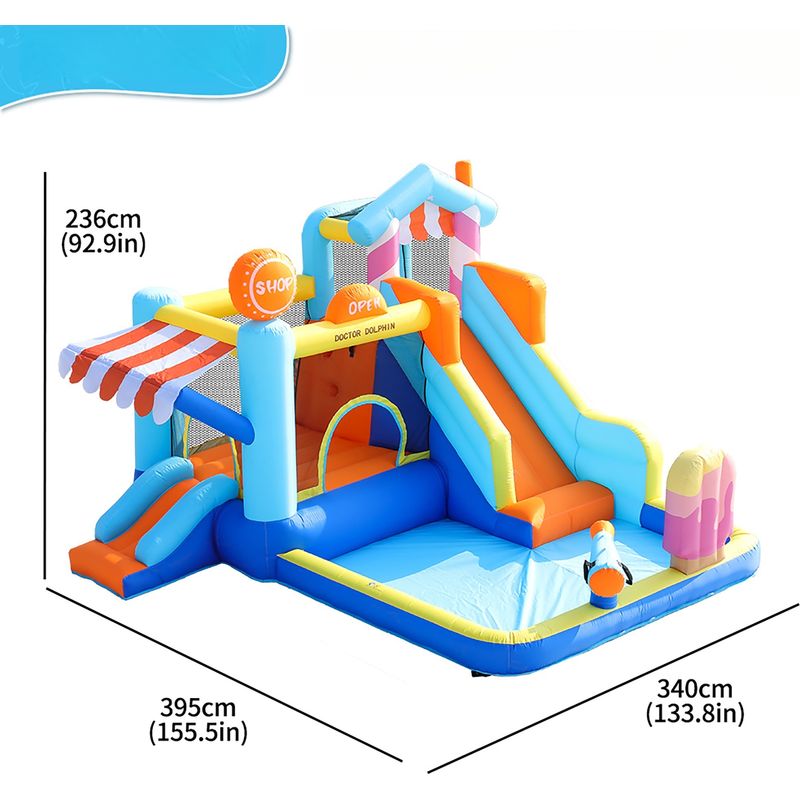 Château Gonflable Requin 380x260x240 Cm – Parc Aquatique Avec Trampoline, Toboggan, Piscine, Pistolet à Eau – Pour 3 Enfants De 3 à 10 Ans – Souffleur 550W Inclus