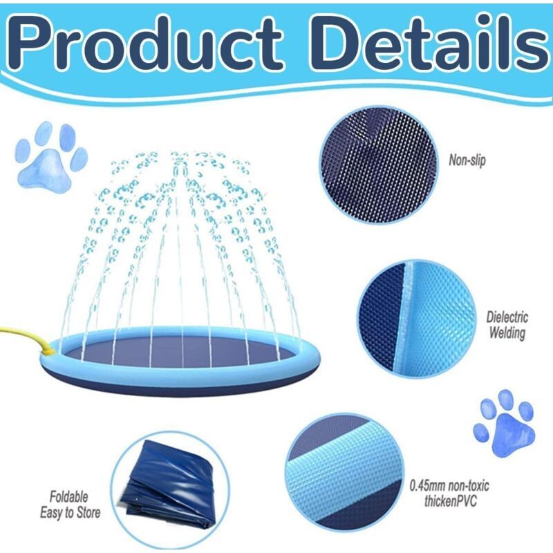 Tapis Jet D’Eau Épaissi 170 Cm – Toile D’Araignée Anti-Dérapant – Splash Pad Pour Enfants Et Chiens – Jeu D’Eau Extérieur Pour Jardin, Plage Ou Piscine