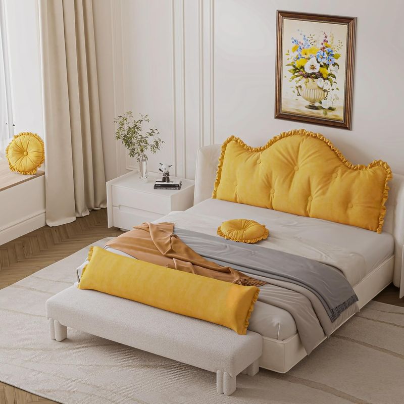 VERCART Kissen Bett Rückenkissen, Lesekissen für Bett und Sofa mit Nackenkissen und 2 runden Kissen, Gelb, 140cm