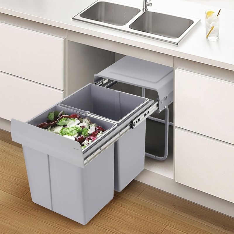 Ausziehbarer Mülleimer Küche, 20L Abfallsammler Einbau Unterschrank mit 2 Fächer, 49 35 43cm Einbaumülleimer für Häuser, Restaurants, Büros, Bäder, Küchen, Grau