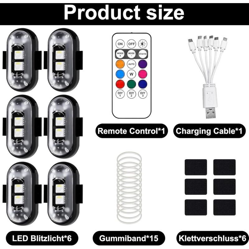 Lot De 6 Flashs LED Télécommandés – 8 Couleurs, 10 Modes, Recharge USB – Anti-collision Pour Voiture, Drone, Moto, Vélo