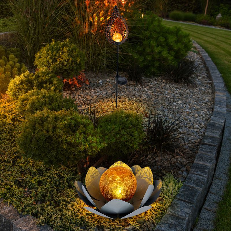 🌸 Solar Lotusblume Deko – 2er Set, Crackle-Glas, Metallblätter, LED, Warm- & Kaltweiß, Für Garten, Balkon, Terrasse – Leuchtet Bis 8 Stunden