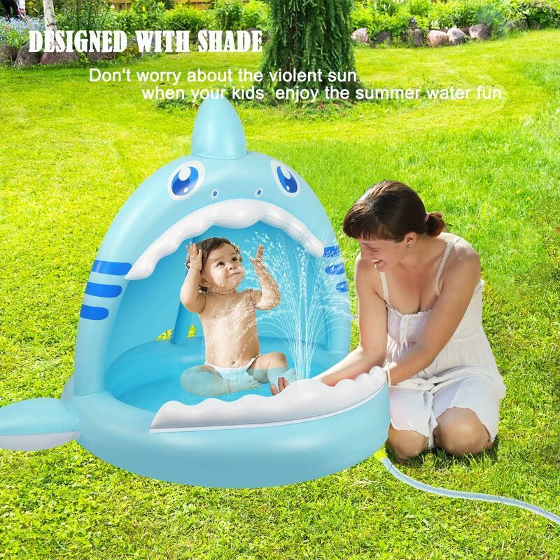 Piscine pour Bébé, Pataugeoire Gonflable Requin pour Jeunes Enfants avec Jet d'eau et Auvent, Aire de Jeux pour Intérieur Extérieur Tente Piscine, piscine hors-sol