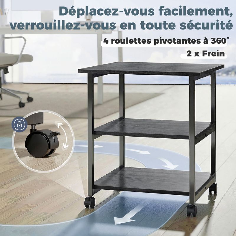 Chariot Bureau MDF HOMCOM Meuble Imprimante Sur Roulettes Avec 3 Tiroirs, 2 Étagères, Prises USB Et Serrure – Bureau Organisé Marron/Noir 80 X 40 X 65,5 Cm