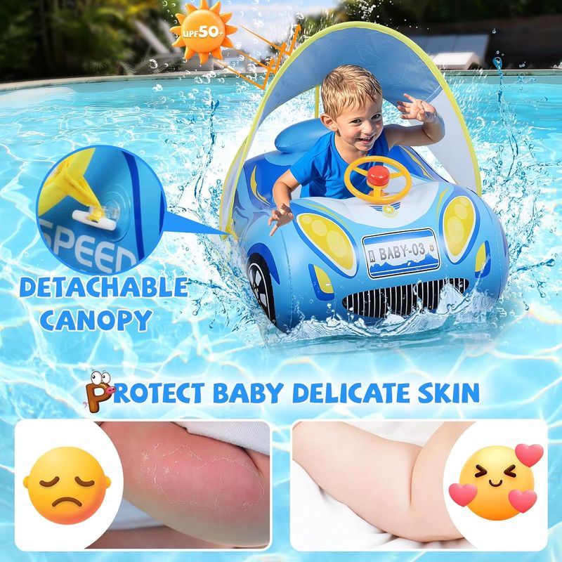 Bouée Bébé Avec Parasol UPF50+ – Auvent Amovible – Siège De Bain Gonflable – Forme De Voiture – 18 Mois à 4 Ans