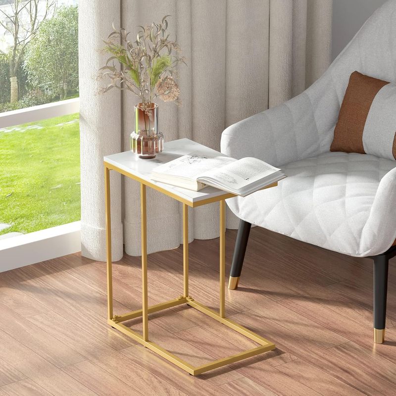 Mesita Auxiliar De Mármol Y Metal Dorado Wisfor, 2 Niveles Con Estante, Ideal Para Salón O Dormitorio