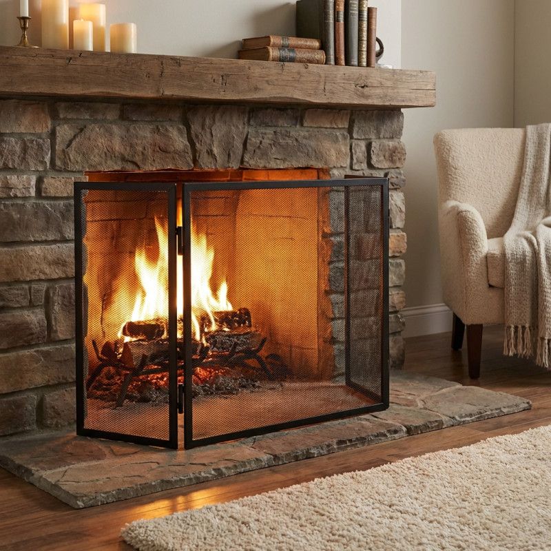 GIANTEX Écran De Cheminée 3 Panneaux - Pare-étincelles Pliable En Métal - Protection Robuste Contre Flammes Et Cendres - 127 X 73,5 Cm - Noir