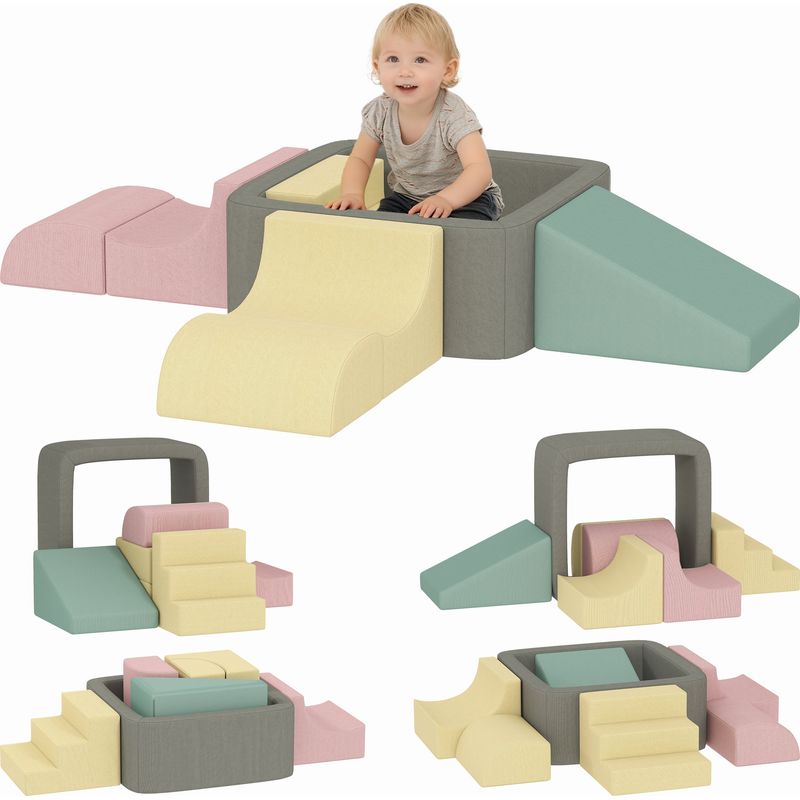 AIYAPLAY Parcours motricité bébé modulable, Blocs Mousse éducatifs, 7 pièces avec Housse Lavable en Velours, Base antidérapante, Jeu de motricité intérieure pour Enfants 6 Mois à 3 Ans, Jaune