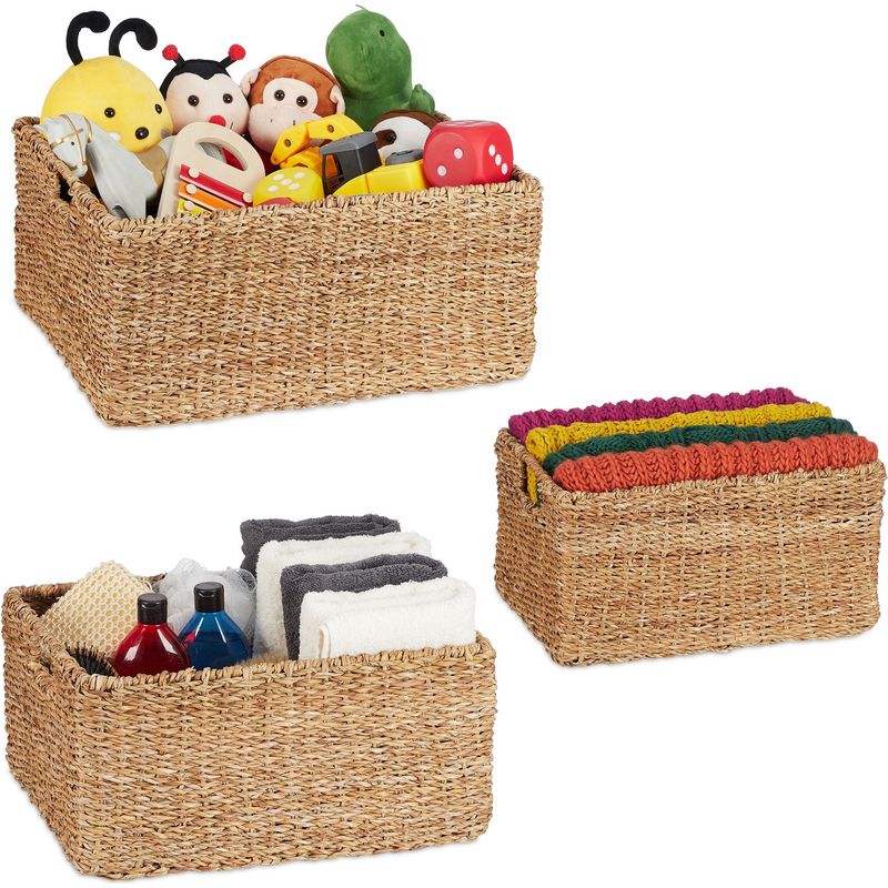 Relaxdays Storage Box, Seagrass, Set of 3, Baskets in 3 Sizes