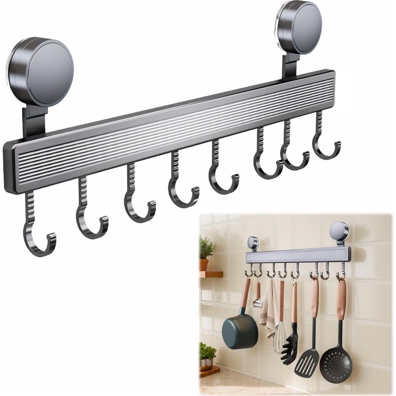Hakenleiste Küche ohne Bohren mit 8 Haken mit Saugnapf Küchenreling Edelstahl 40 cm Stange für Küchenutensilien Küchenleiste Aluminium Küche Hakenleiste Kleiderhakenleiste