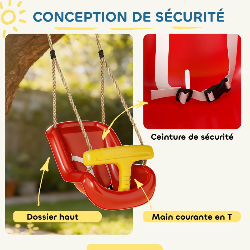 AIYAPLAY Balançoire pour Enfants Balançoire Bébé Dossier Haut Rouge Jaune | Barre de Sécurité, Hauteur Ajustable, Intérieur et Extérieur