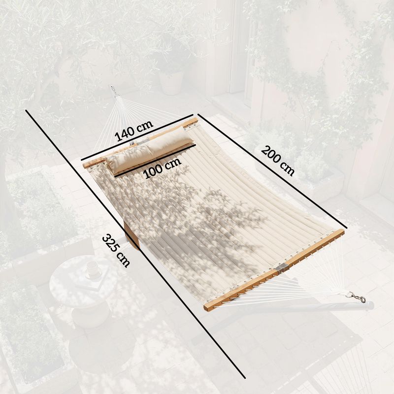 Outsunny Hamaca Acolchada, Hamaca de Jardín Portátil con Almohada Desmontable, Bolsillo para Revistas, Barras Curvadas de Madera, Carga 200 kg, para Patio, Terraza, 325x140 cm, Crema