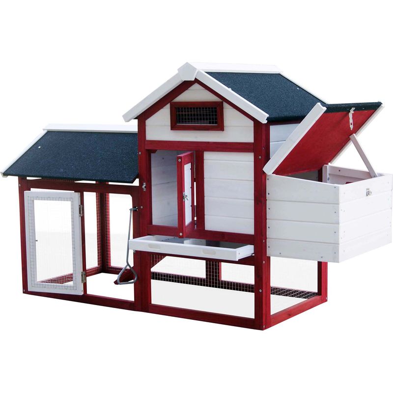 Produktbild von Wiltec XXL Hühnerstall 201x81x116 Cm Rot-weiß – Freilaufgehege, Nistkasten, Sitzstange & Kotwanne Aus Fichtenholz, Wetterfest