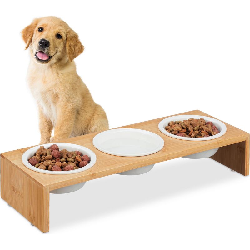 Relaxdays Pet Feeding Station, 3x Dog Bowls, Bamboo Wood Stand