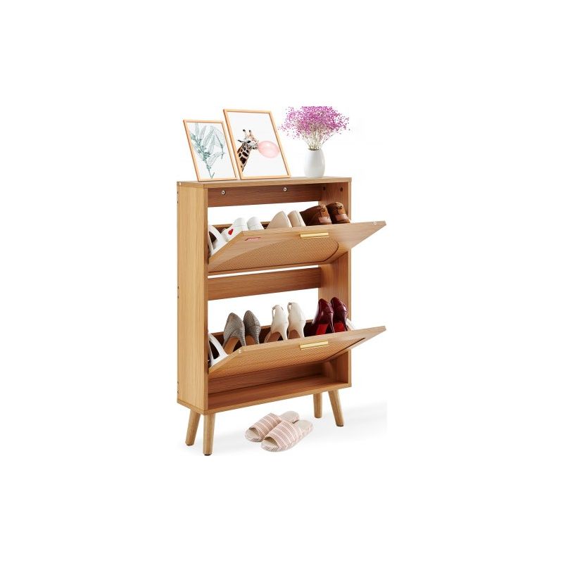Schuhschrank Schmal, Schuhregal Holzfarbe, 600 x 168 x 877 mm Schuhkipper mit 2 Klappen + oberem Staufach, Schuhkommode 36,28 kg Tragfähigkeit, Aufbewahrungsschrank Schuh Massivholz für Flur