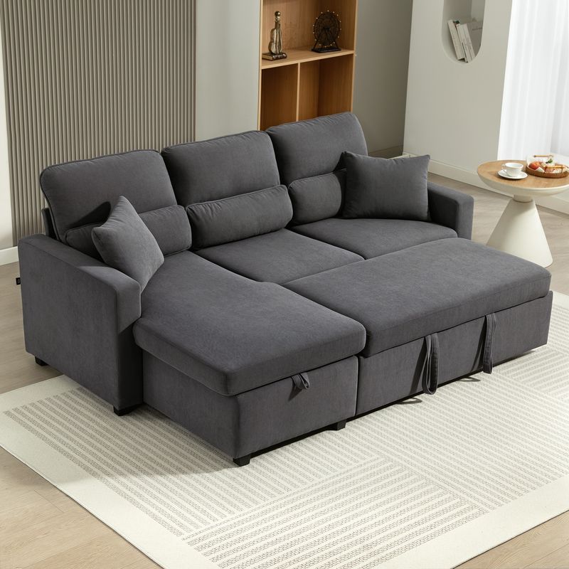Verstellbares Bettsofa, L-förmiges Gästesofa mit Bettfunktion, Stauraum, Kissen, für Wohnzimmer, Gästezimmer, Dunkelgrau