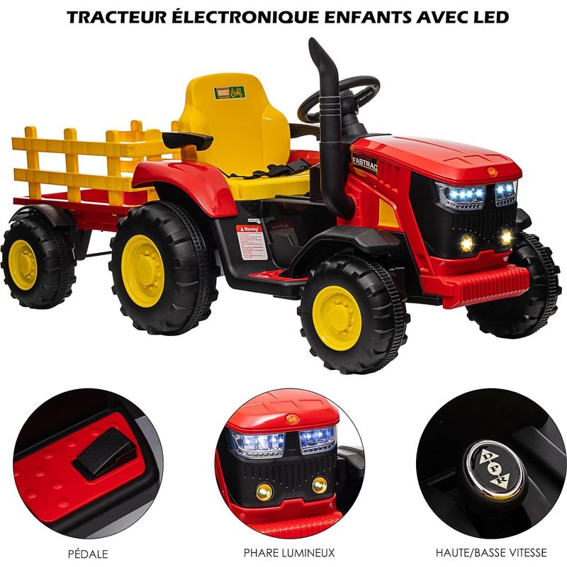Tracteur Électrique Enfant Garvee 12V – Remorque Amovible, Télécommande, LED, Musique, Dès 3 Ans