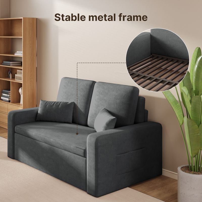 Bealife Sofas Schlafsofas Couchbett 2-Personen 2 Kissen 2 Seitentaschen Liegesessel Klappbare Räder 147 x 82 x 87 cm