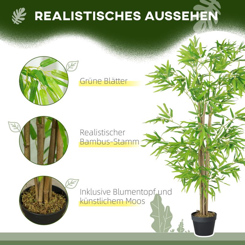 Outsunny künstlicher Bambus groß 150cm Kunstpflanze, Plastik Künstliche Pflanzen im Topf, Fake Plant Bambus wie echt mit Kunstmoos für Wohnzimmer Schlafzimmer Büro Garten Moderne Dekoration