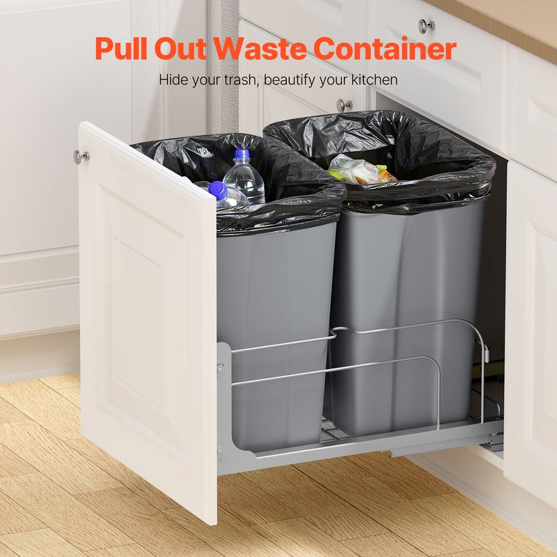 Mophorn Doppelt ausziehbarer Mülleimer, 35 QT x2, Abfall- und Recyclingbehälter für unter den Schrank, mit Soft-Close-Gleitern und Türmontagesatz, ideal für Küchenschränke und Spülbecken (grau)
