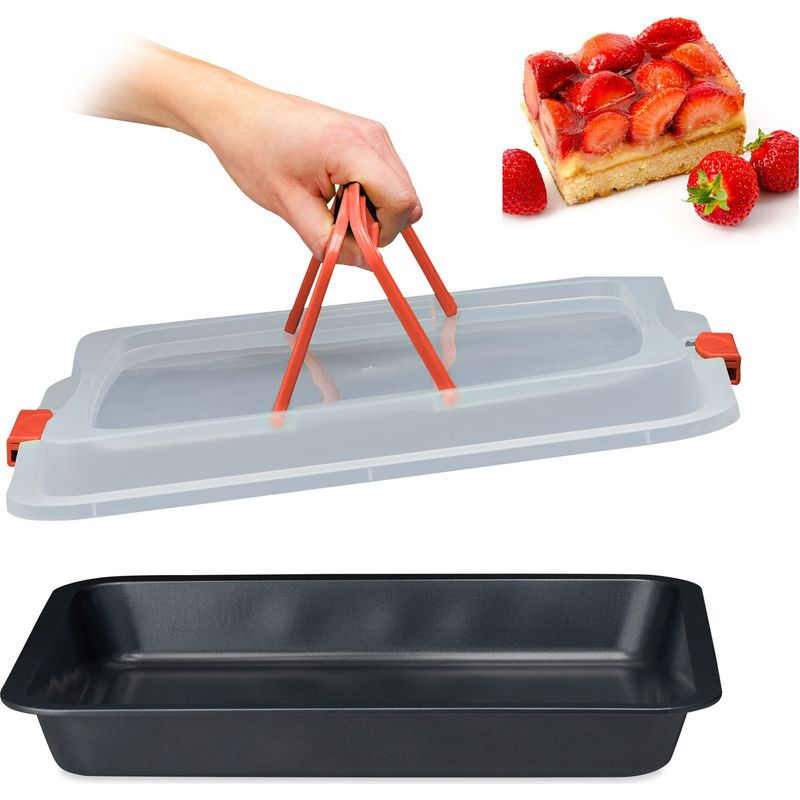 Relaxdays Backblech mit Deckel, 3 in 1 Kuchen Transportbox, BxT 40,5 x 32,5 cm, Backform, Transporthaube, schwarz/ rot