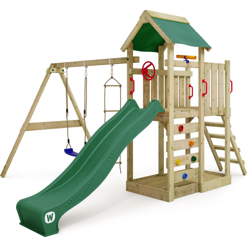 Parque Infantil TinyCabin Con Columpio, Tobogán Y Arenero – Torre De Escalada De Madera Para Jardín, Altura 90 Cm