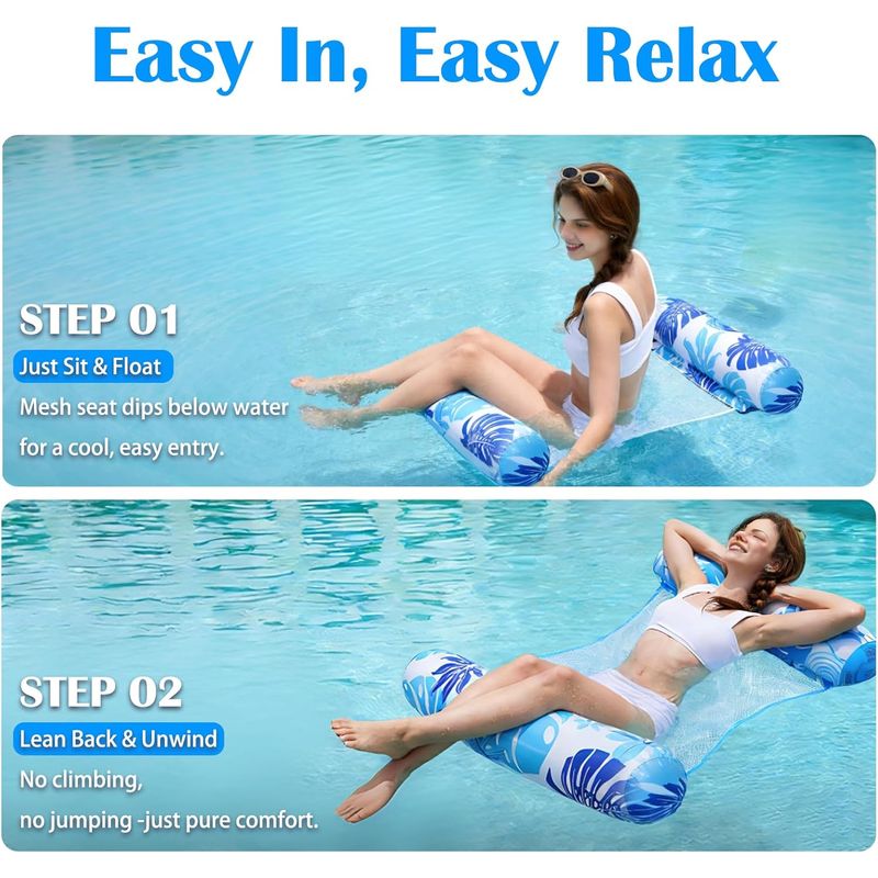 Lot De 2 Hamacs Piscine Gonflables 4-en-1 – Filet Central, Transat, Fauteuil, Flottaison 120 Kg – été Farniente à La Plage Ou Au Lac