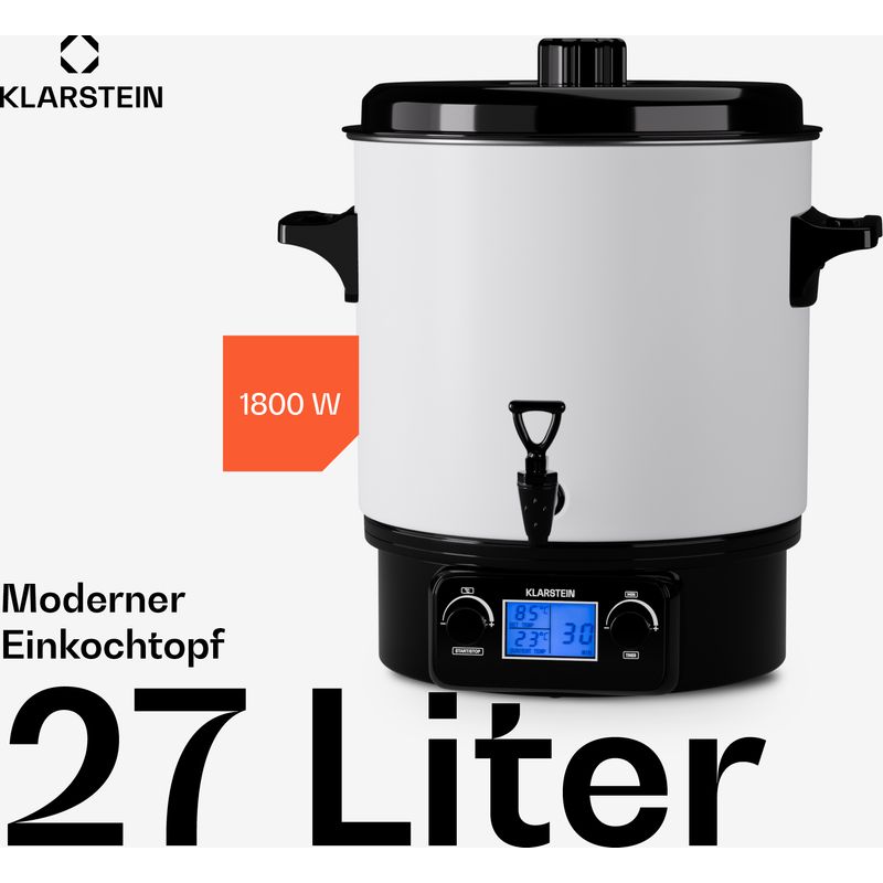 Klarstein Einkochautomat mit Hahn, 27L Digital-Einkochautomat, 1800W Edelstahl-Einkochtopf, Einkochautomaten für Glühwein & Speisen, Heißwasserkocher, Teemaschine & Glühweinkocher mit Zapfhahn
