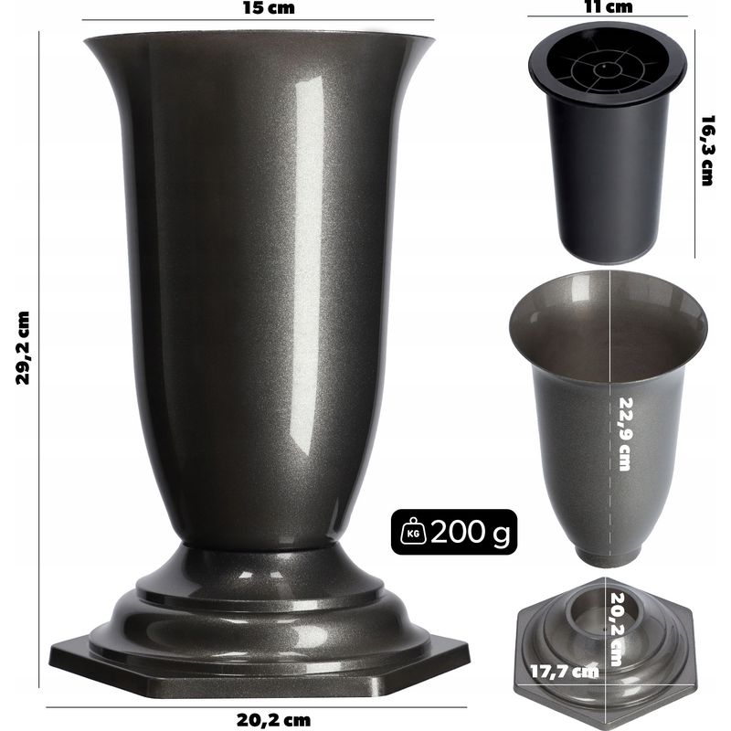 KADAX Grabvase aus Kunststoff, Blumenvase, Steckvase für Grab, 15 cm, grafit