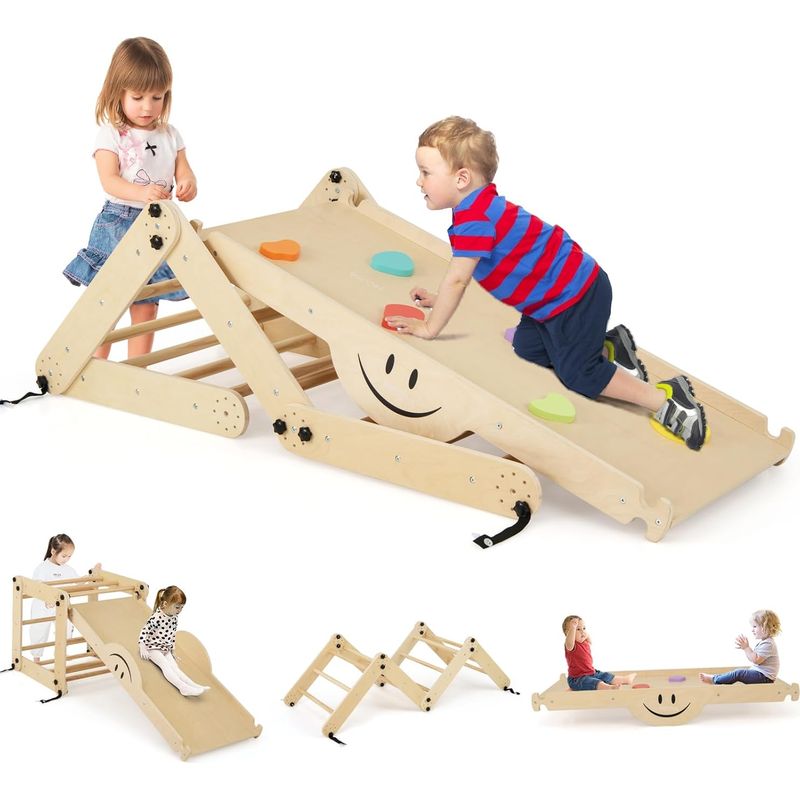 COSTWAY Triangle D’Escalade Montessori 7-en-1 – Arc, Rampe Réversible, Toboggan, Bois Hêtre, Dès 1 An