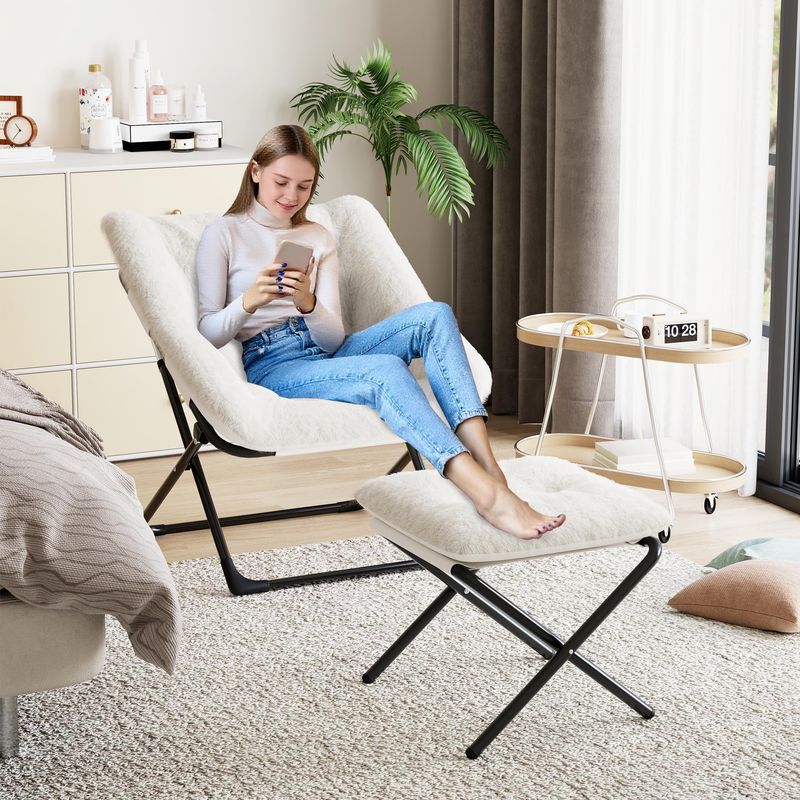 Fauteuil lounge pliant avec ottoman – Modèle lune en fausse fourrure ultra douce – Structure en acier renforcé