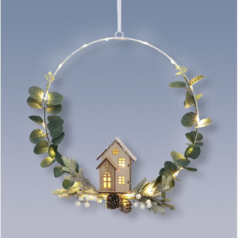 LED Metall Ring mit Häuschen aus Holz zum Aufhängen - 20 LED / 30 cm