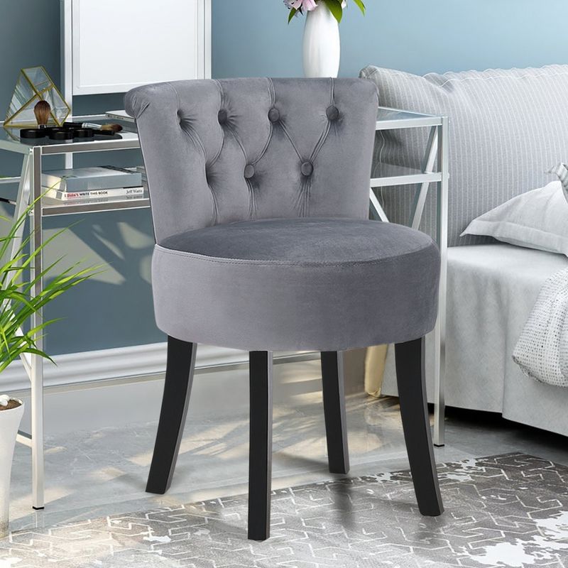grey velvet chair for dressing table Black Velvet Buttoned Wing Back Vanity Stool Black Wooden Legs, Grey Silhouette: Asymmetrical